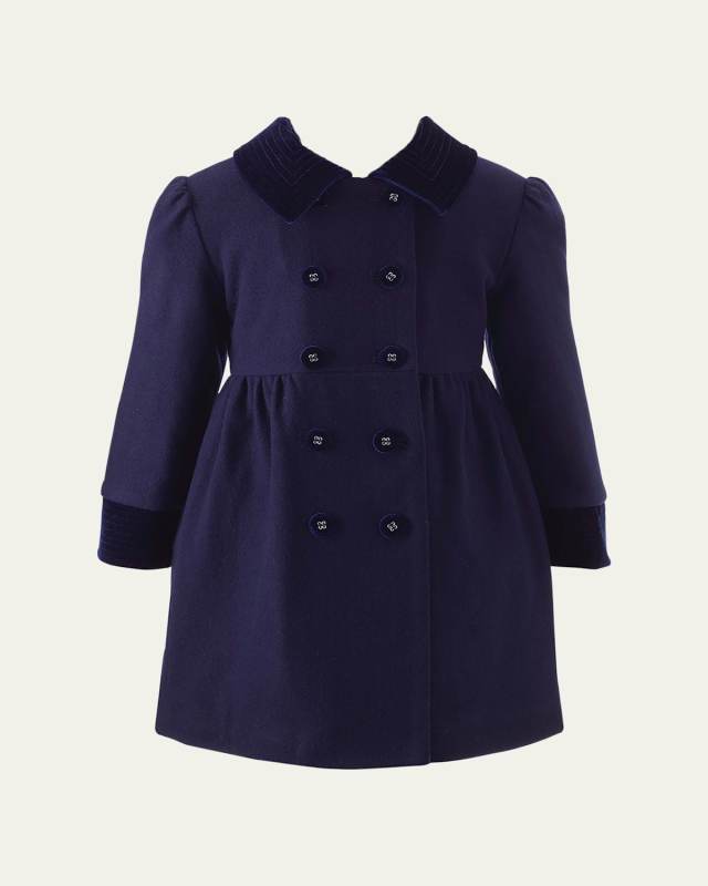 Girl's Velvet-Trim Double Breasted Coat, Size 2-